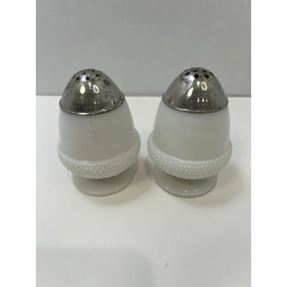 Antique Acorn Opal Glass Salt Pepper Shakers Lids 1880s Rare EAPG Pedestal Foot